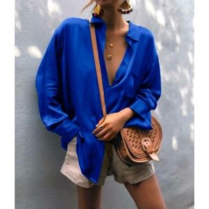 Vintage Cobalt Blue Oversized Button Down Blouse